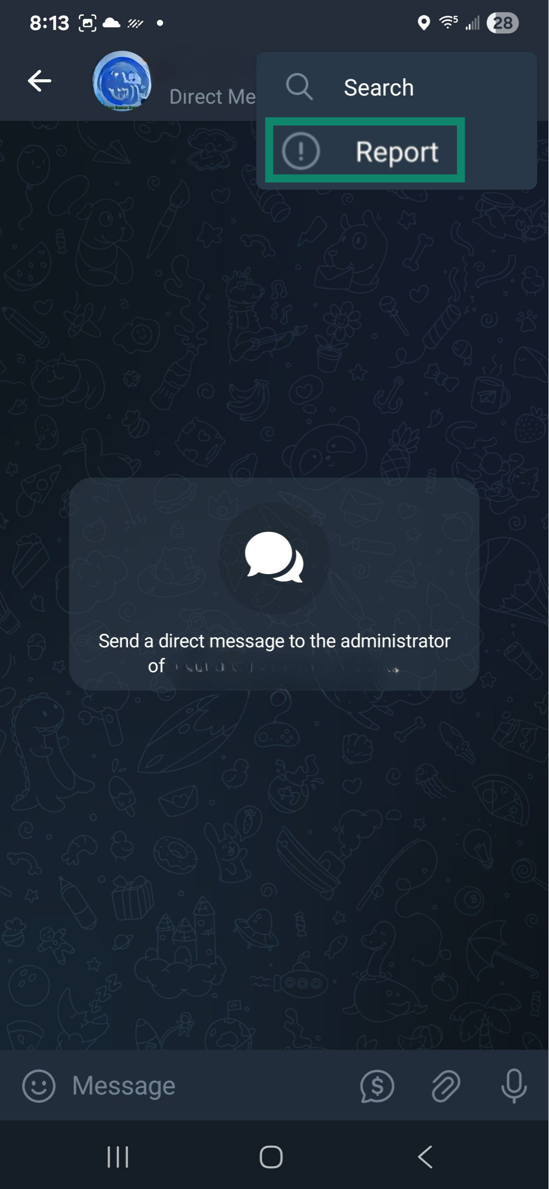 Telegram screen showing Report group option.
