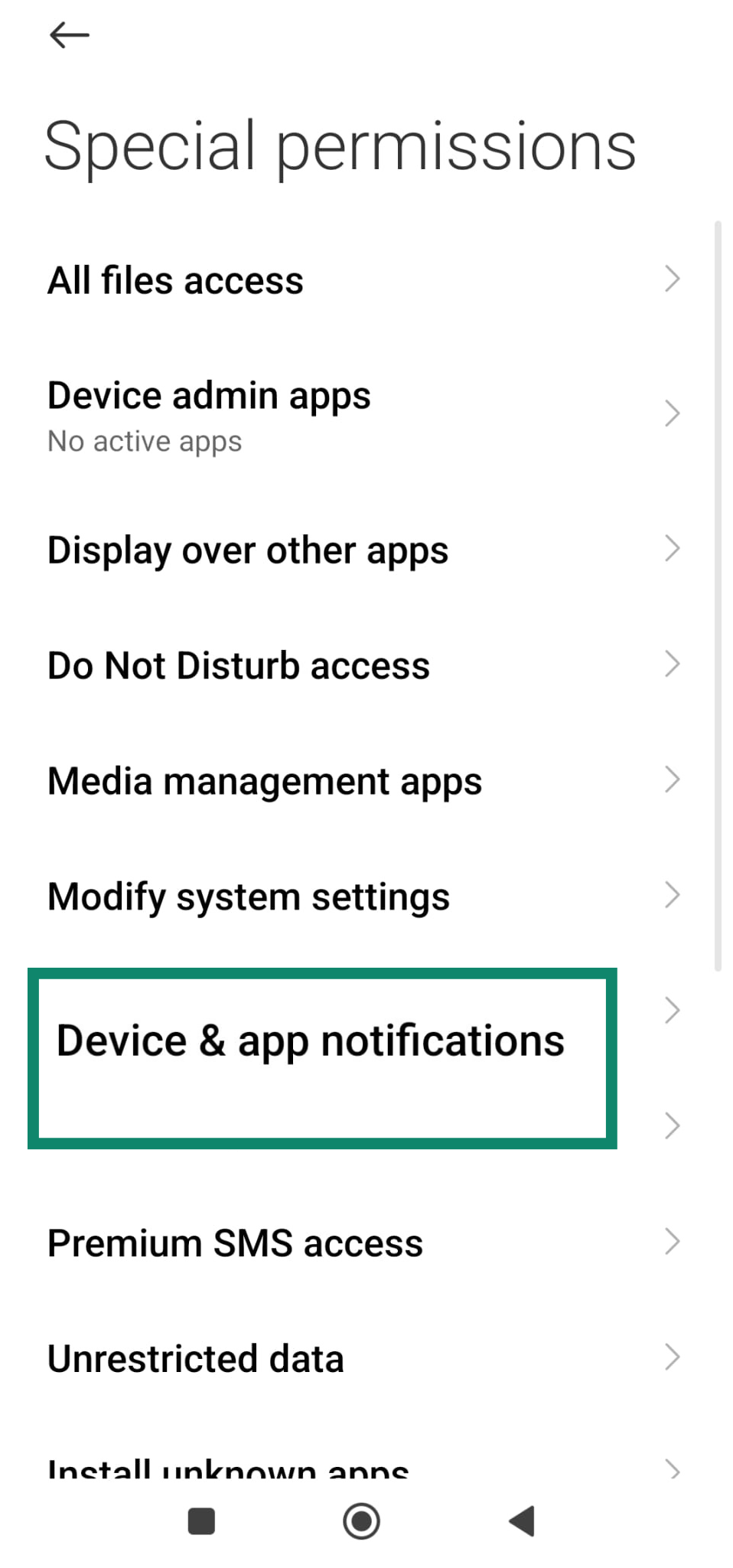Android special permissions with Device & app notifications highlighted