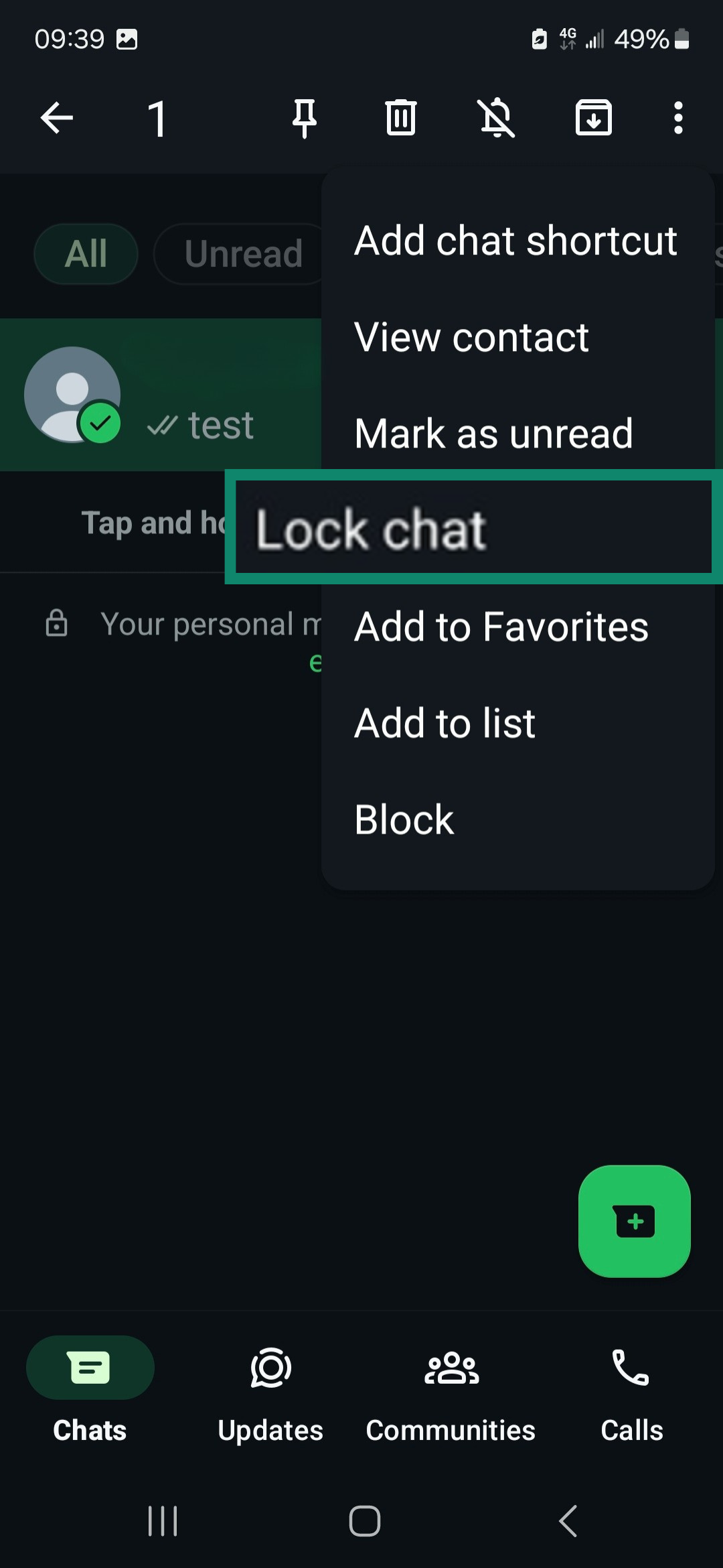 WhatsApp Kebab menu highlighting Lock chat option