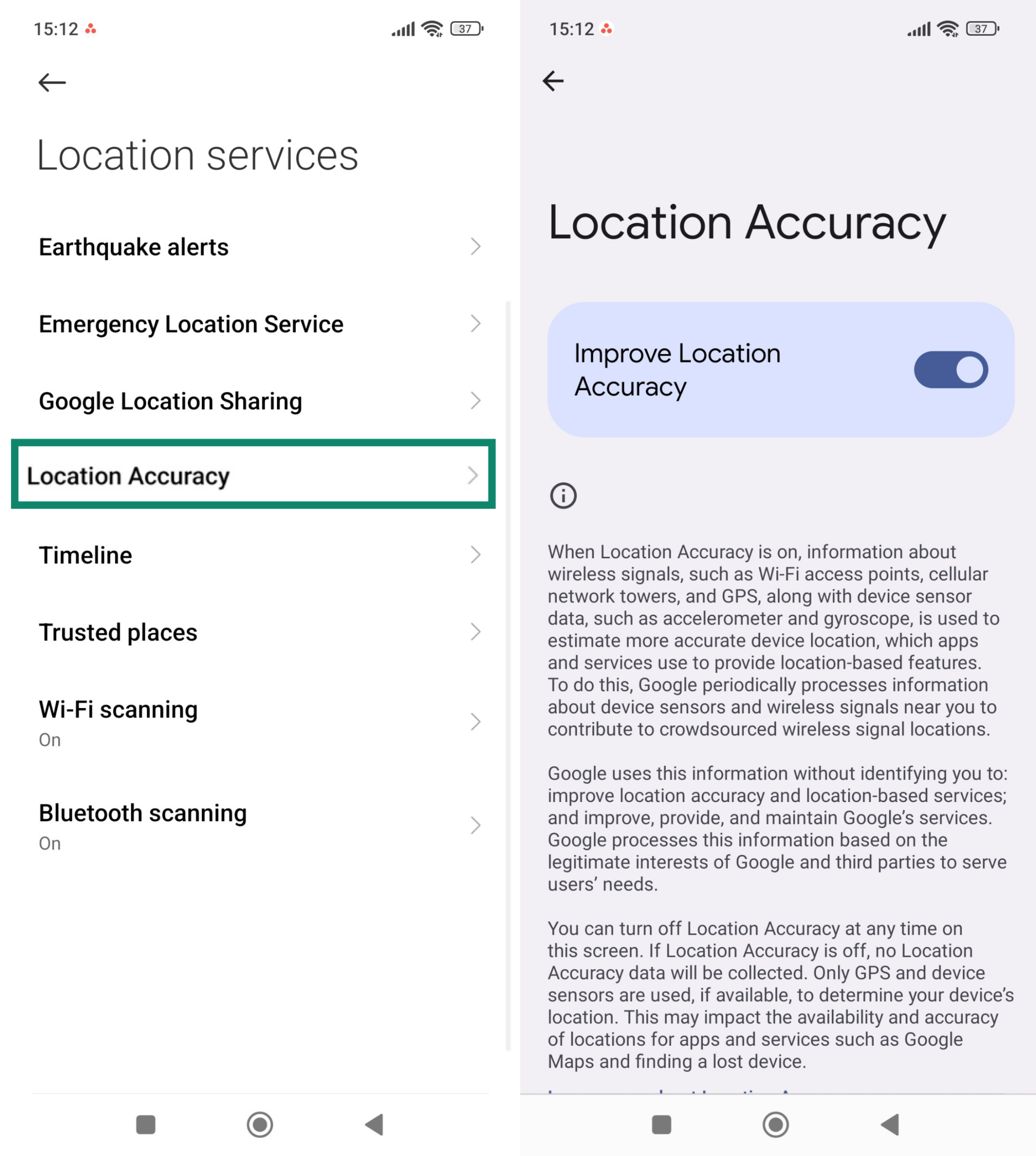 Android Location services menu with Location Accuracy highlighted (left) and the option to toggle on/off location accuracy (right)