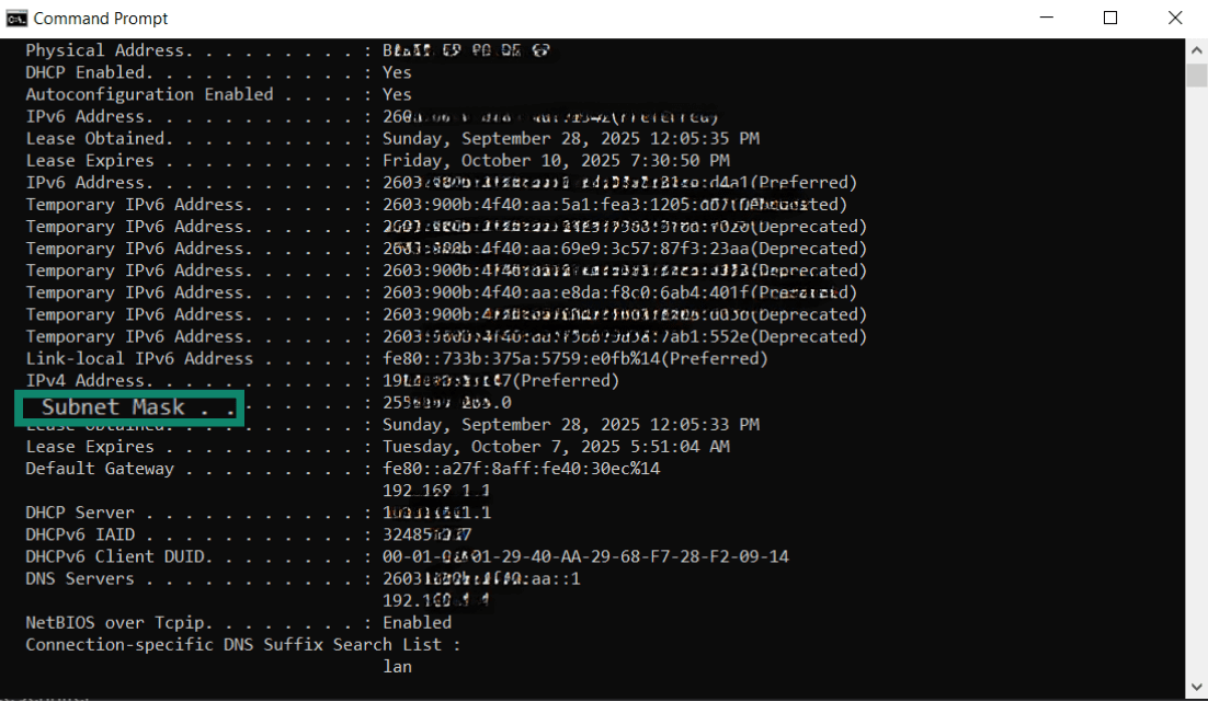 Windows Command Prompt showing the Subnet Mask value highlighted.