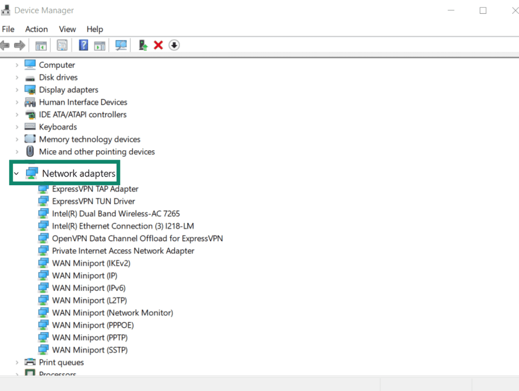 The Device Manager window, showing the Network adapters dropdown open.