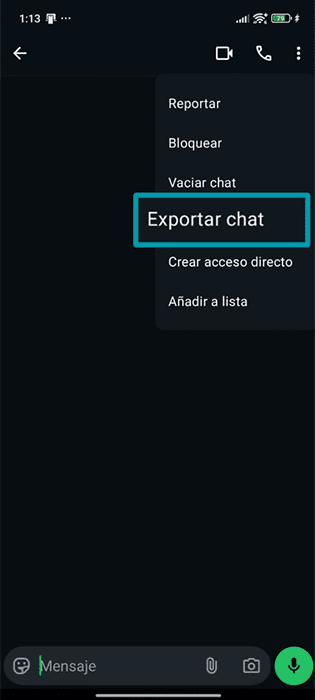 A screenshot of the WhatsApp app, showing the Export chat option.