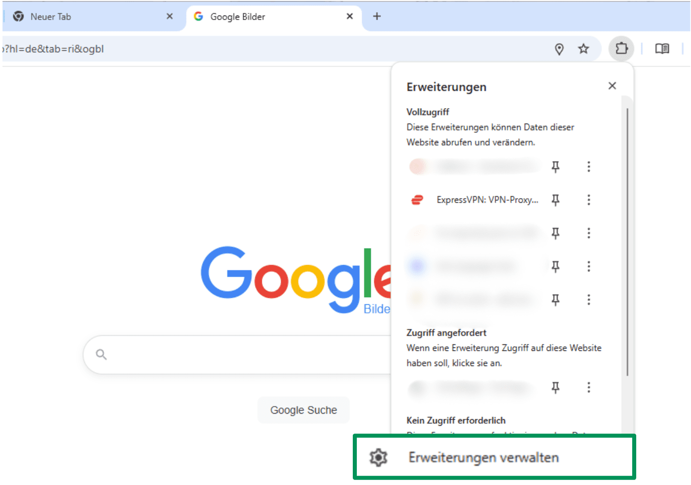 A screenshot of Google Chrome, showing the Manage Extensions button.