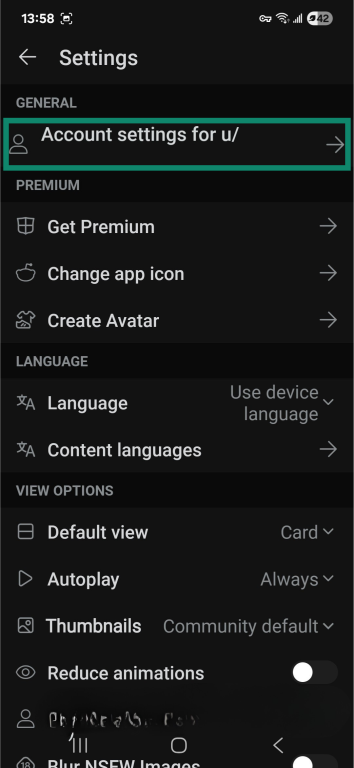 Reddit Android app settings.