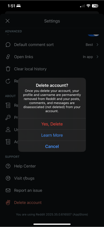 Reddit iOS app final account deletion screen.