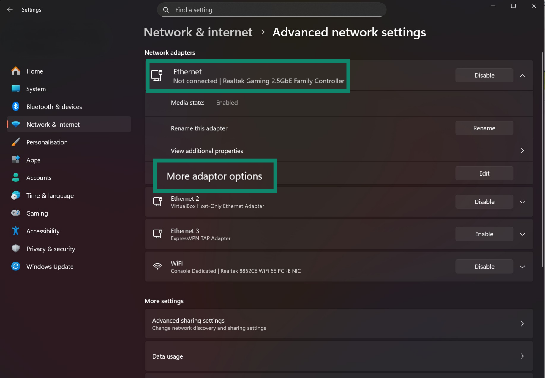 Windows 11 Advanced network settings highlighting the active network adapter and More adapter options.
