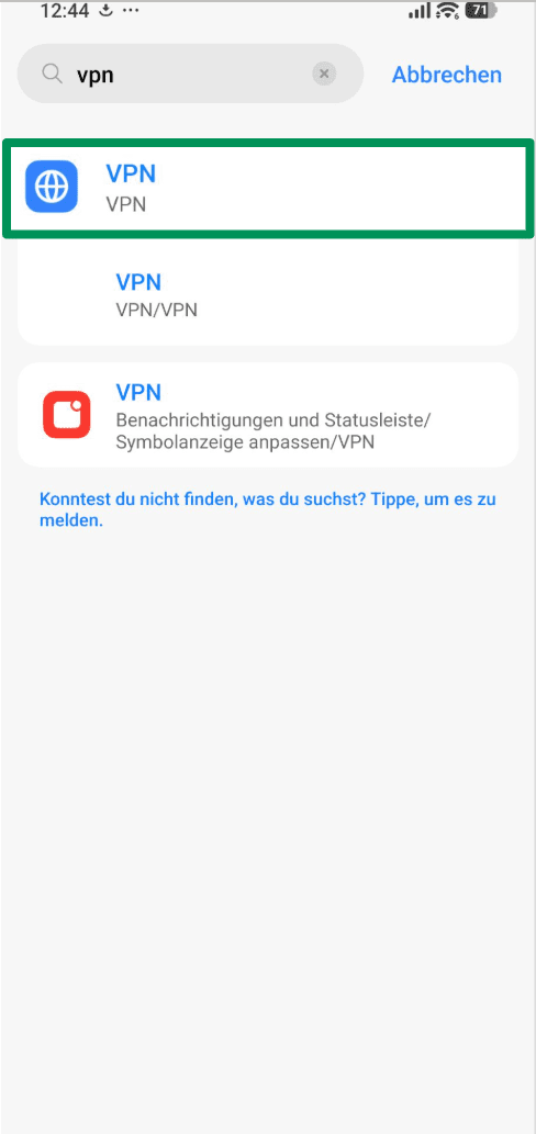 A screenshot of an Android phone, showing the VPN menu option in the Settings.