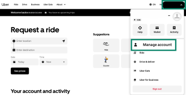 Uber desktop account home screen.