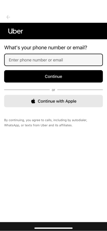 Uber mobile app login screen.