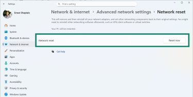 Windows 11 advanced network settings, showing the reset network button.