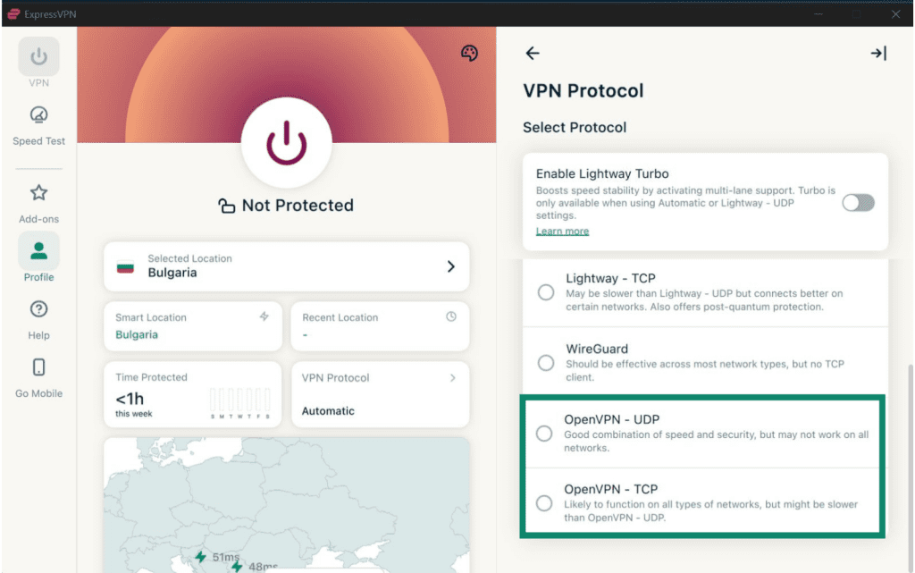 ExpressVPN's protocol list on Windows, highlighting the OpenVPN-UDP and OpenVPN-TCP protocol options.