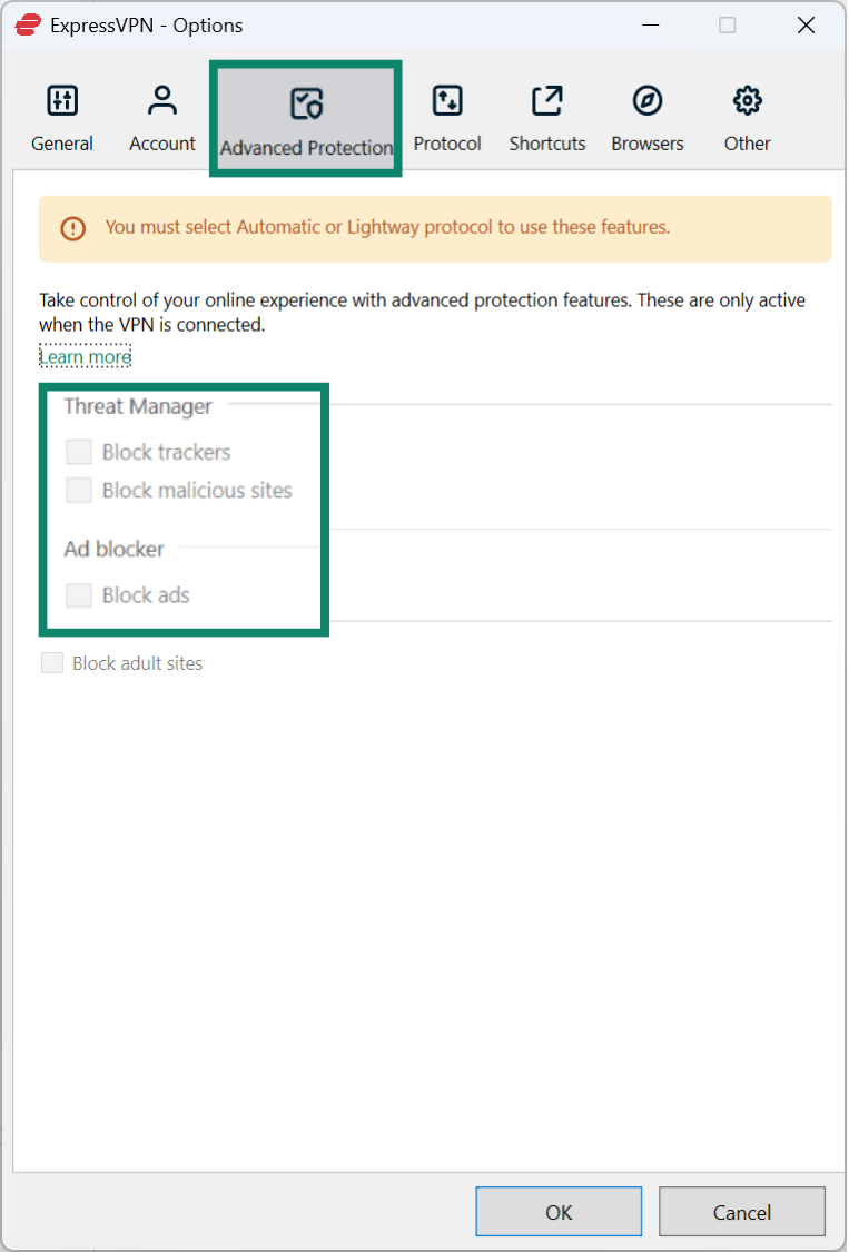 The Advanced Protection settings (Threat Manager and Ad blocker) on the ExpressVPN app for Windows.