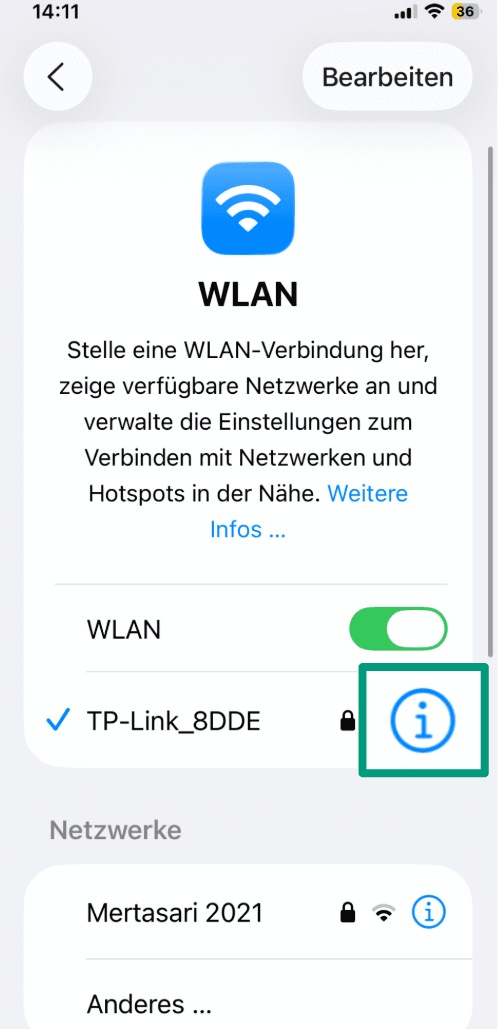 iOS Wi-Fi menu with the information icon next to the active network highlighted