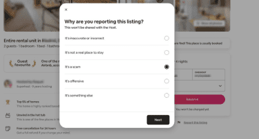 Airbnb listing page showing how to report a listing.