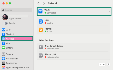 macOS Network settings showing Wi-Fi connection selected.