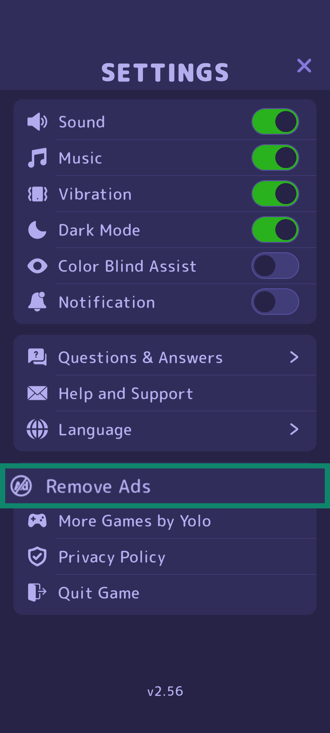 A screenshot of an in-game settings menu on an Android mobile game, showing an option to remove ads.