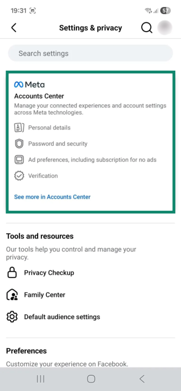 The "Settings & privacy" menu on the Android Facebook app. The "Accounts Center" window is highlighted.