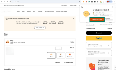 Honey pop-up on a checkout page showing “3 coupons found” and an Apply Coupons button.