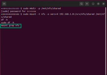 A terminal window showing NFS mounting commands and a check using "mount | grep nfs" to verify the share is mounted.