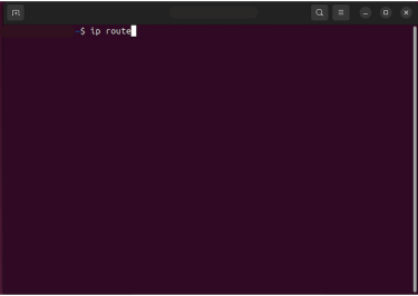 Linux terminal, showing the "ip route" command typed in.
