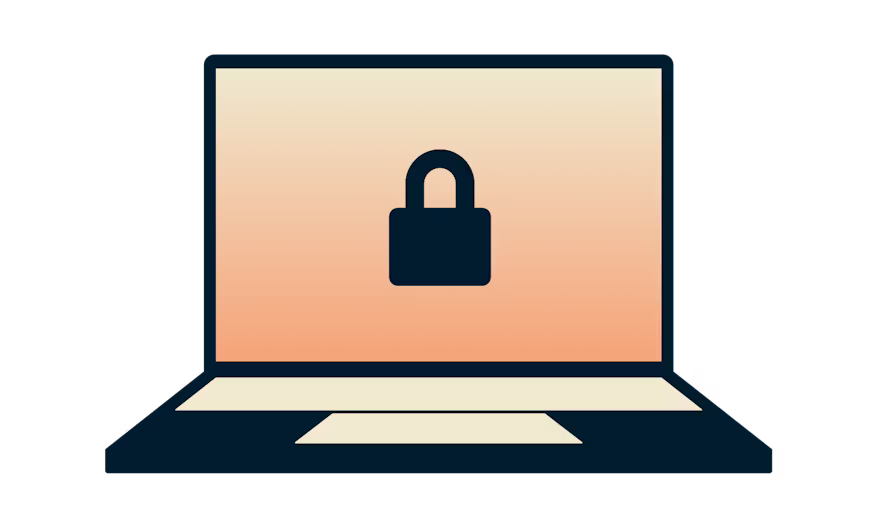 Ordinateur portable avec un cadenas sur un fond orange.