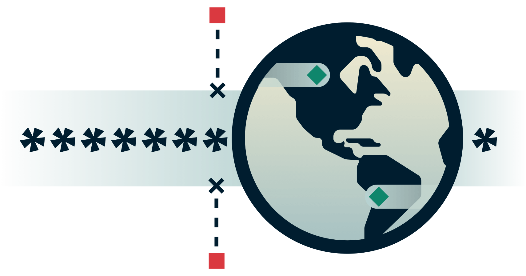 Globus mit verschlüsseltem Tunnel und externen Parteien, die versuchen, hineinzukommen.