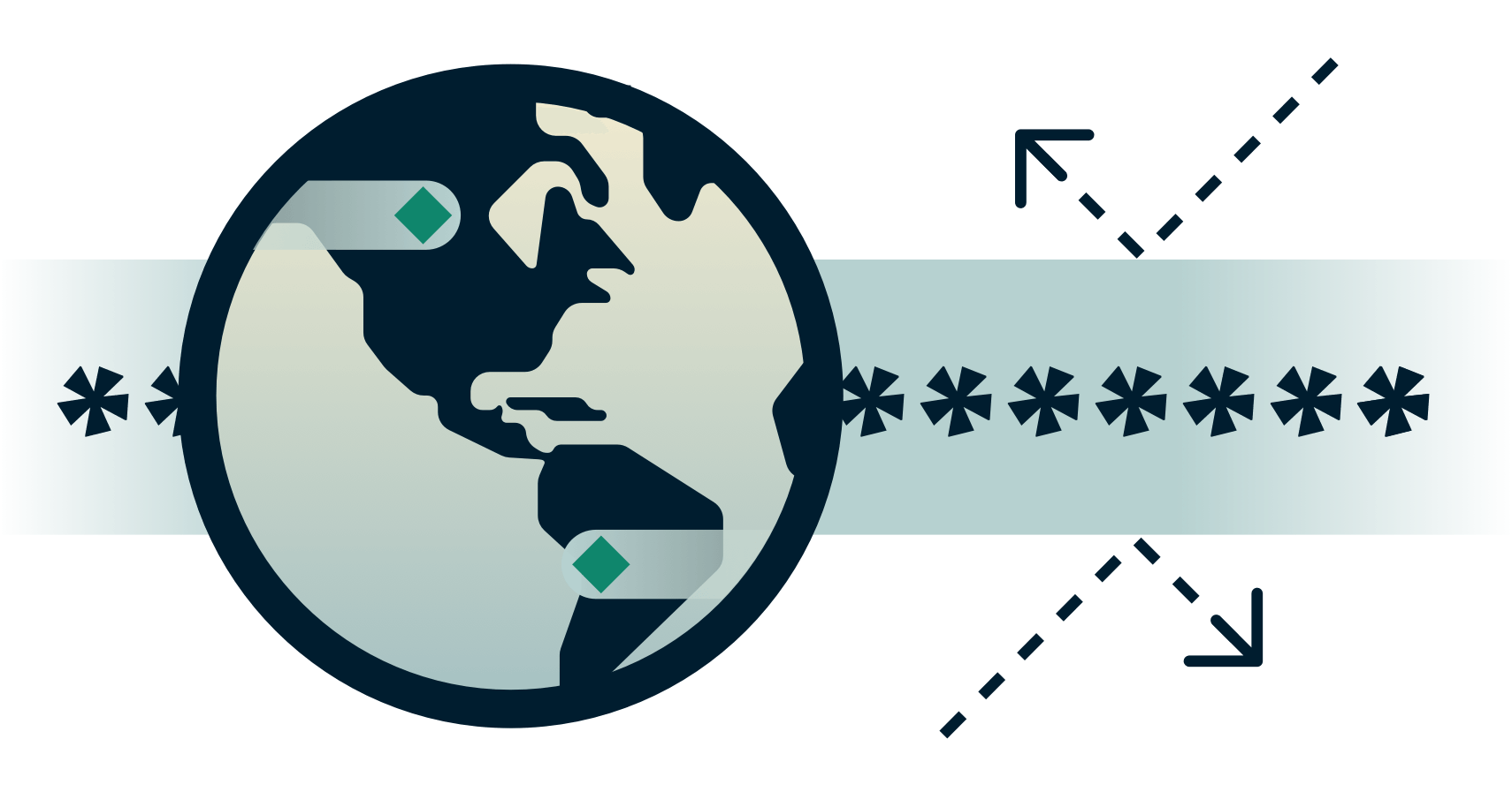 Globus mit verschlüsseltem Tunnel, an dem Pfeile abprallen.