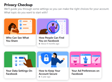 Privacy Checkup dashboard displaying topic tiles for reviewing settings, such as 'Who Can See What You Share' and 'How to Keep Your Account Secure.'