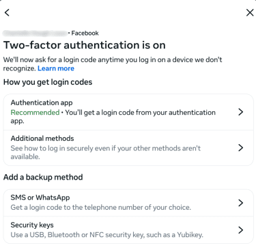 Confirmation screen stating 'Two-factor authentication is on' and listing 'Authentication app' as the recommended method.