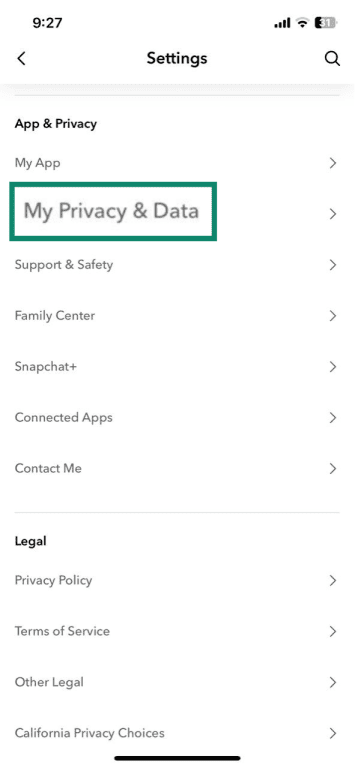Snapchat app Settings interface on iPhone highlighting the My Privacy & Data option.