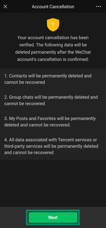Notice about what happens to data after cancelling a WeChat account.