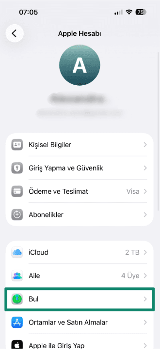Apple Account settings screen with the Find My option highlighted.