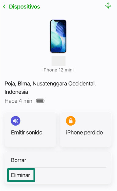 Device details page in Find Devices showing the Erase and Remove options.