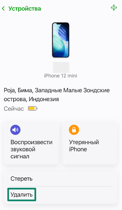 Device details page in Find Devices showing the Erase and Remove options.