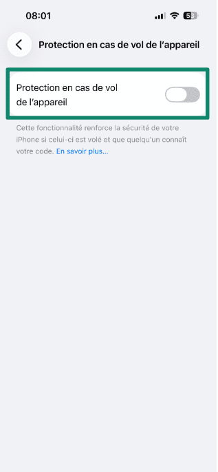 Stolen Device Protection screen with the toggle switched off.