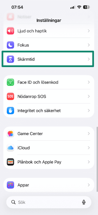 iPhone Settings with Screen Time highlighted.