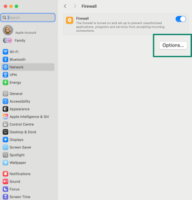 Firewall option within Network settings on macOS.