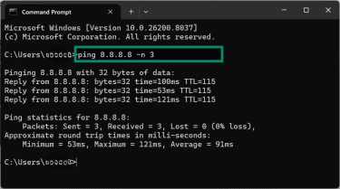 Set parameters for pinging an IP address on Windows.