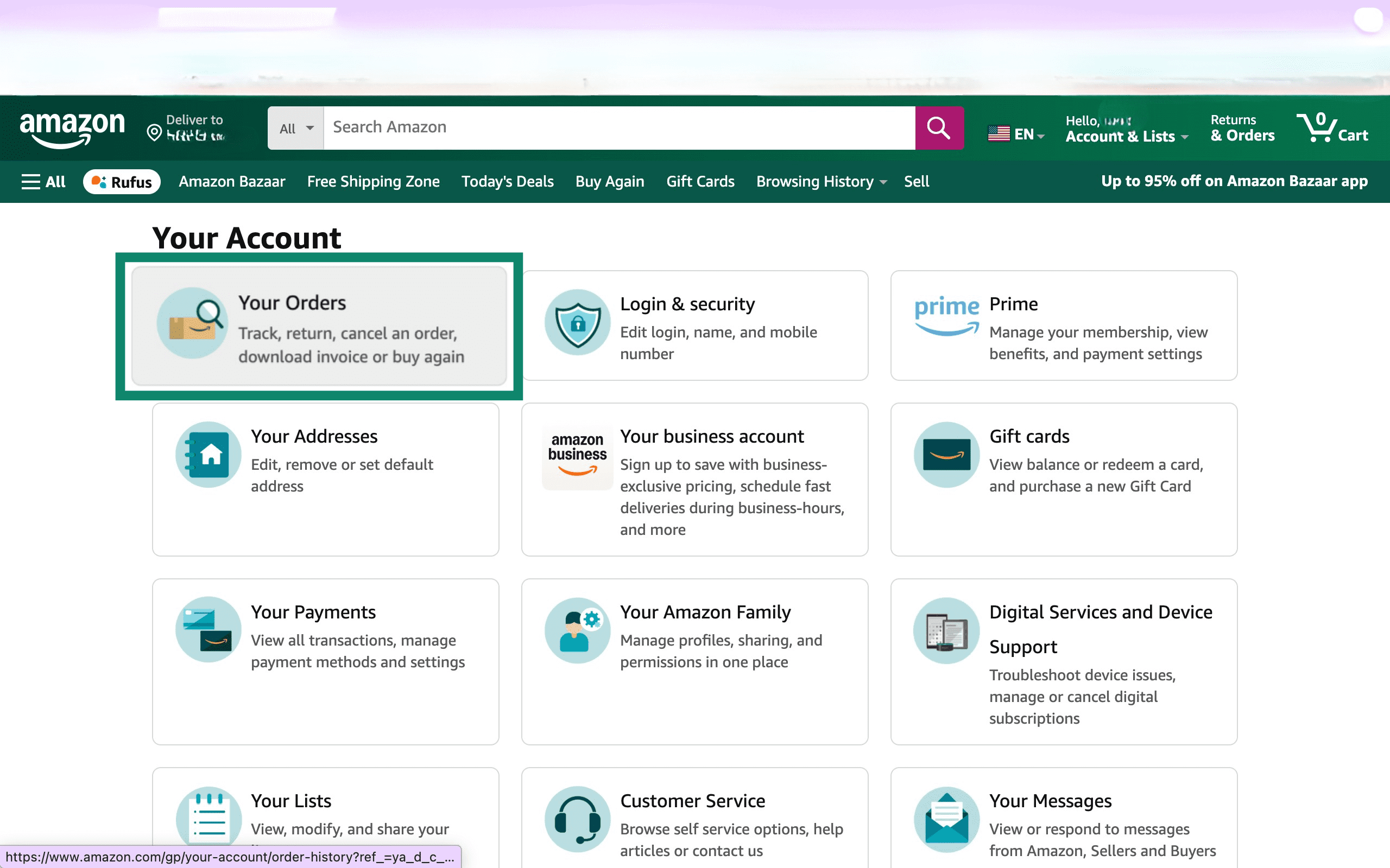 The Amazon account page highlighting "Your Orders."