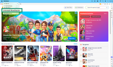 A screenshot of macOS BlueStacks app with the menu in the upper-left corner open and the option to uninstall BlueStacks highlighted