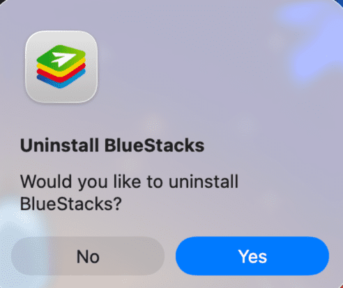 Uninstall BlueStacks window with No and Yes options