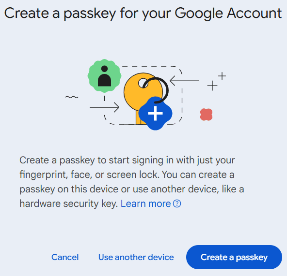 The Create a passkey for your Google account window is open.