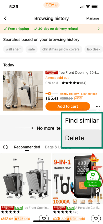 Temu history with Delete option highlighted.