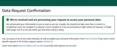 Data request confirmation message from Amazon.