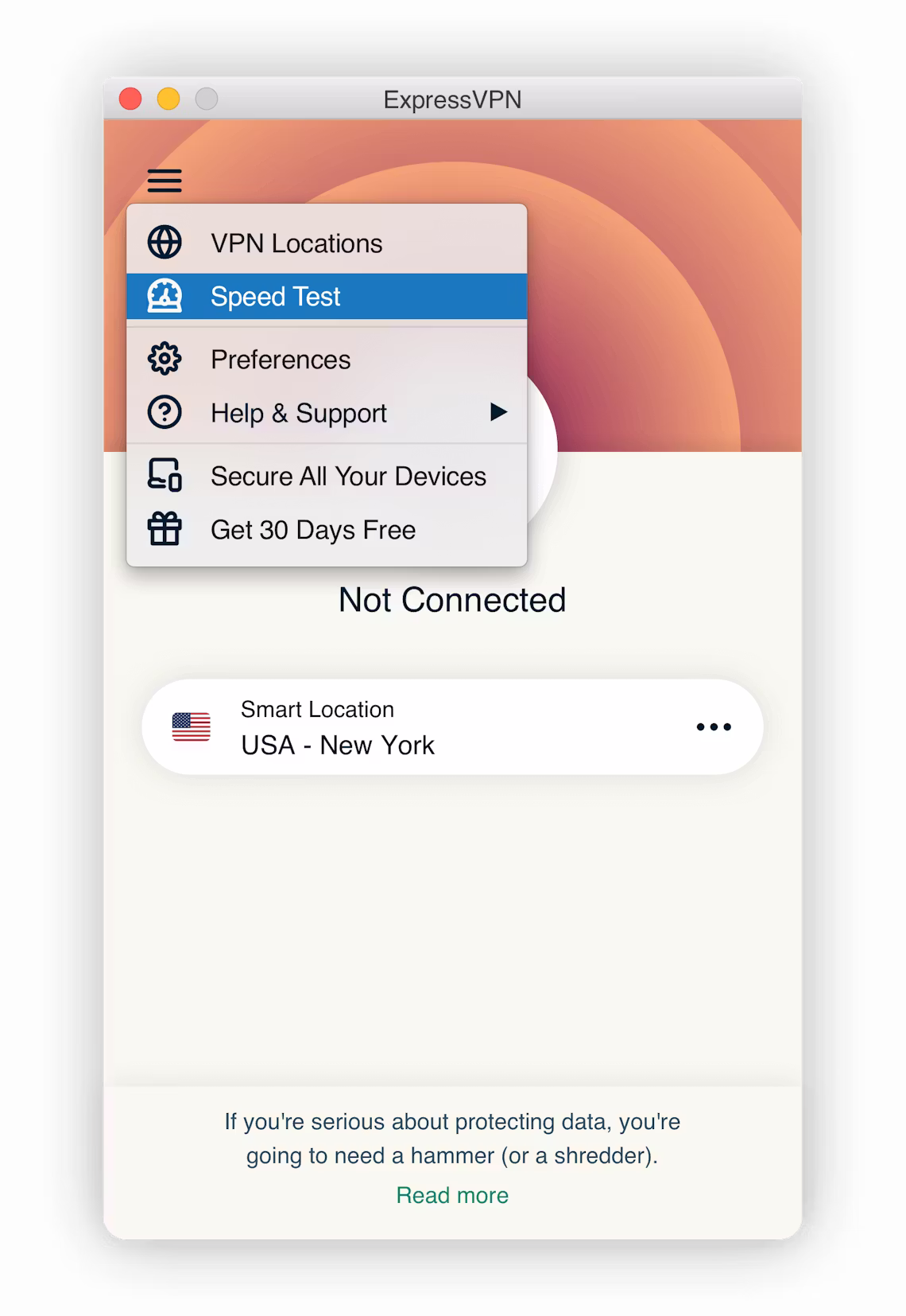 Seleccionando el Test de velocidad en la interfaz de ExpressVPN.