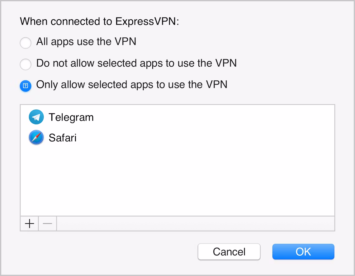 อินเตอร์เฟสแอป ExpressVPN สำหรับ Mac แสดงเฉพาะรายการแอปที่ได้รับการปกป้องด้วย VPN