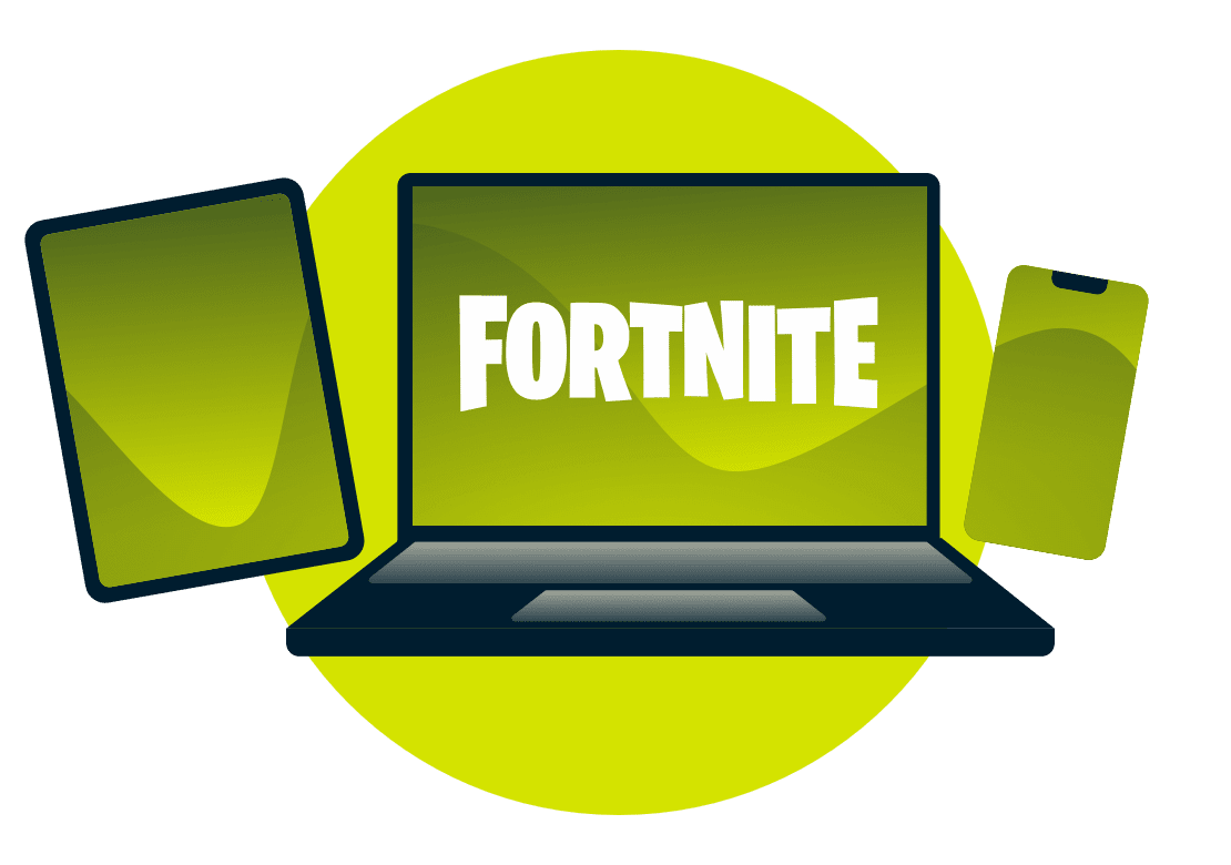 En række forskellige enheder med Fortnite-logoet.