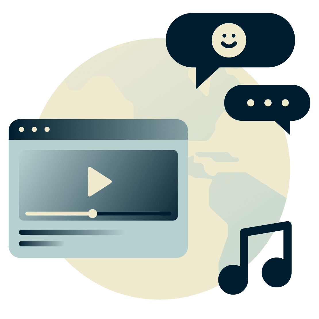 ビデオプレーヤー、音楽、チャットを備えたグローブ。