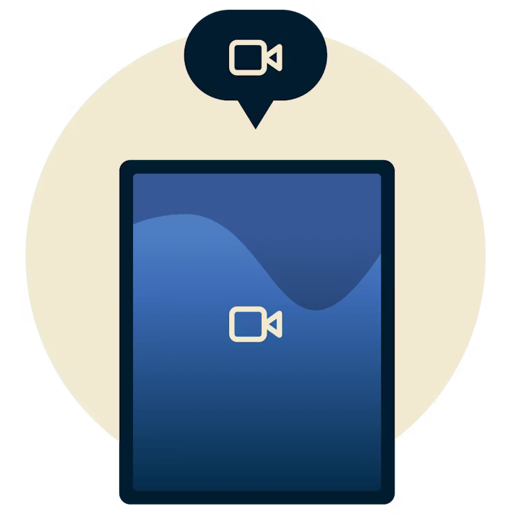 วิดีโอแชทบนโทรศัพท์: แท็บเล็ตแสดงไอคอนวิดีโอพร้อมฟองคำพูดที่แสดงไอคอนวิดีโอด้านบน